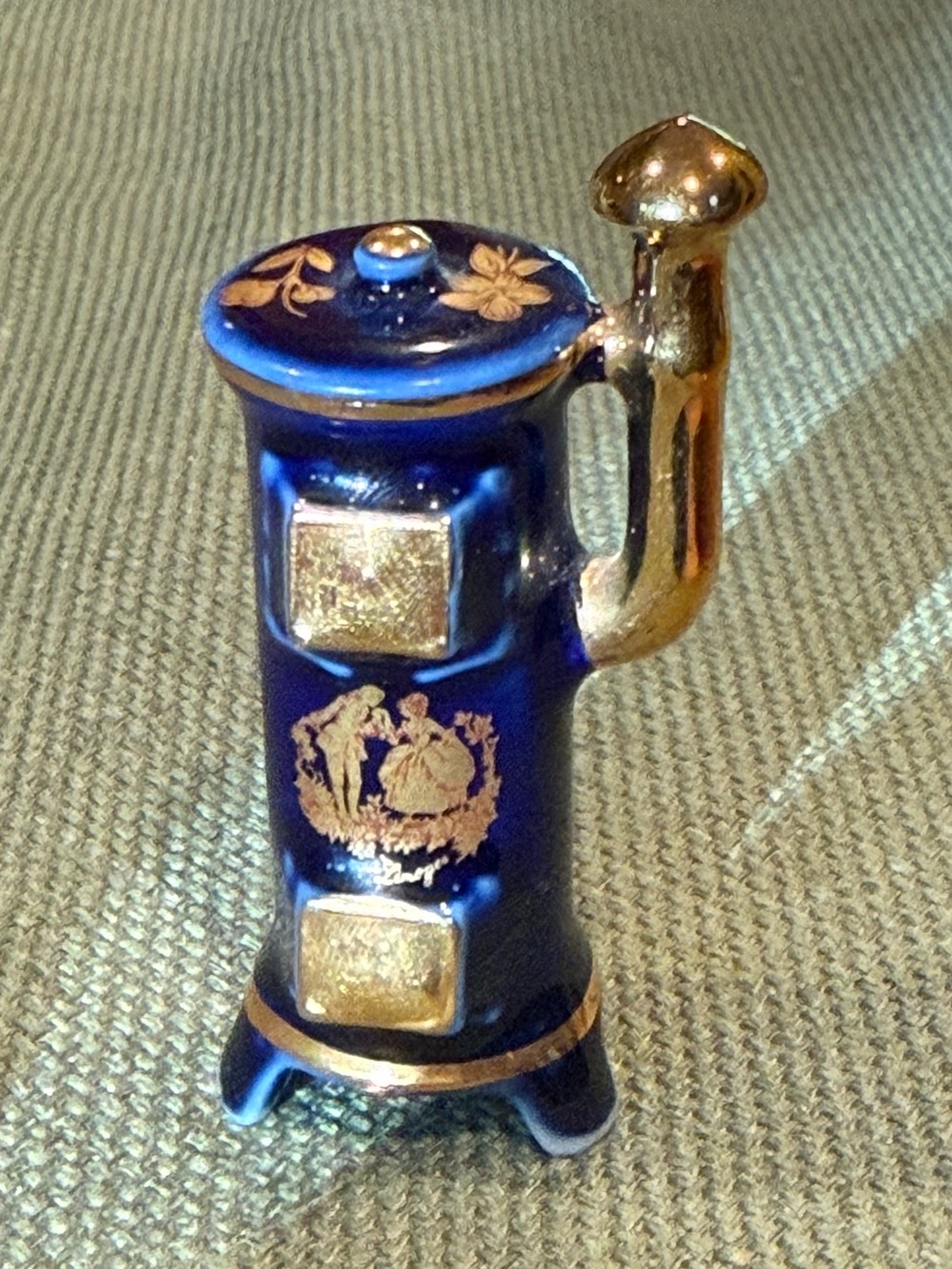 Vintage Limoges France Cobalt Blue & Gold Porcelain Miniature Potbelly Stove